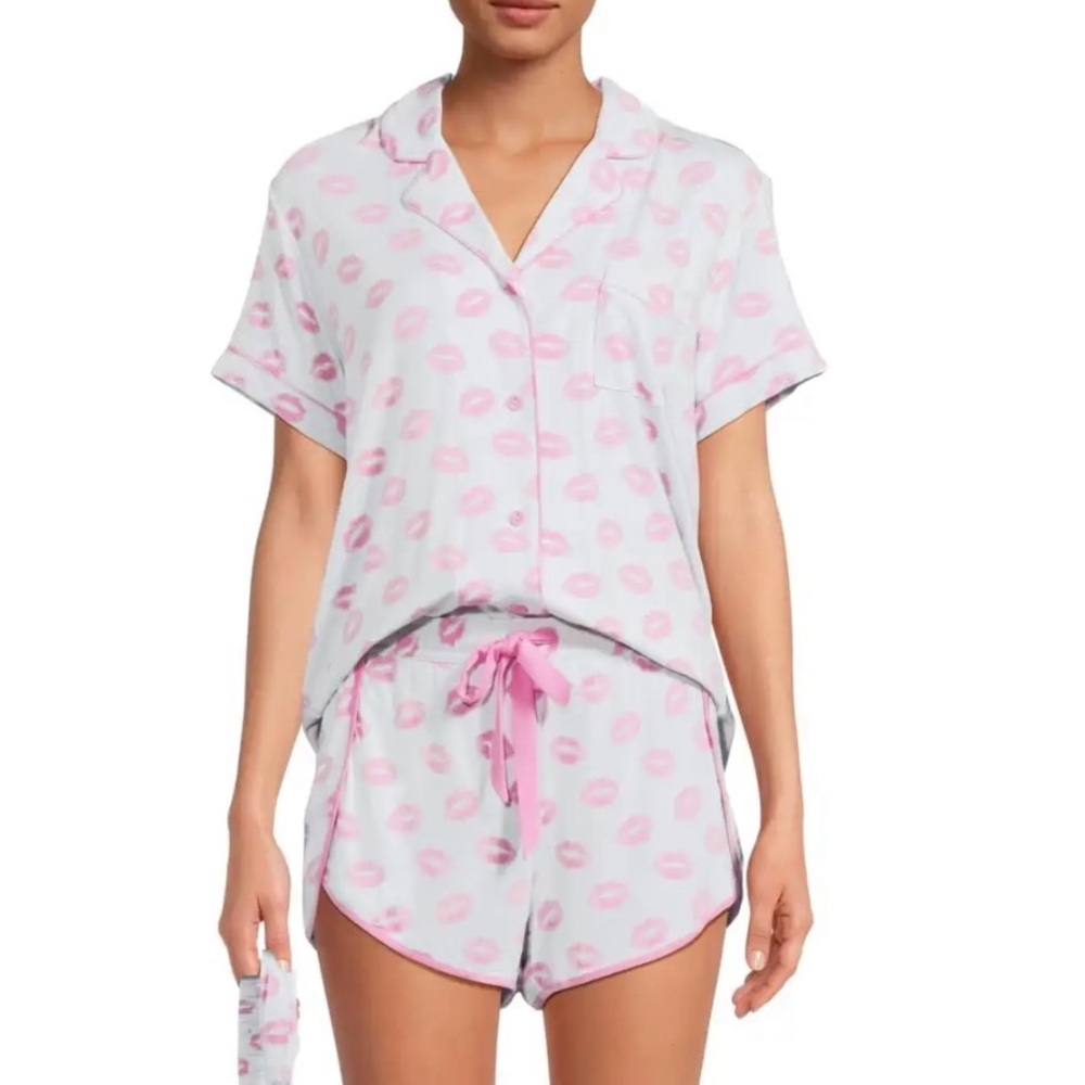 PJ Salvage Ultrasoft Blue and Pink Lip Print Women's Pajama Set